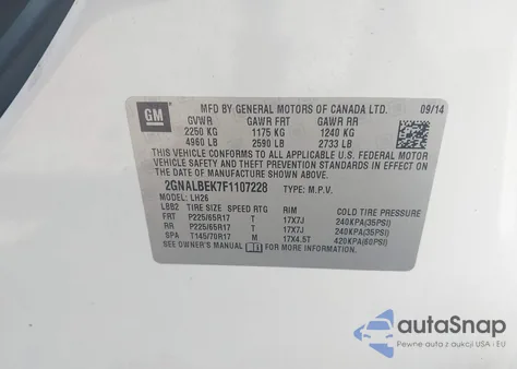 2015 Chevrolet Equinox 1Lt z USA, uszkodzony, nr VIN 2GNALBEK7F1107228